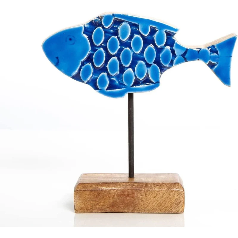 Fisch Figur Holzfisch blau braun 18 cm - Maritime Deko