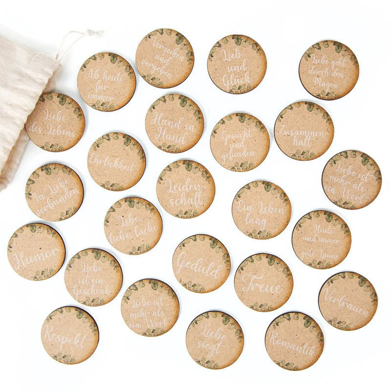 24 Holztaler mit Sprüchen Hochzeitsdeko braun grün Eukalyptus 4 cm