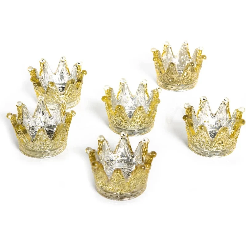 6 Teelichthalter Kronen aus Glas - gold transparent 8 cm