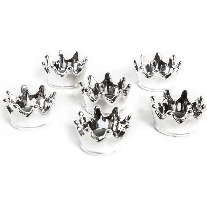 6 silberfarbene Kronen Teelichthalter - Ø 7 cm - aus Alu