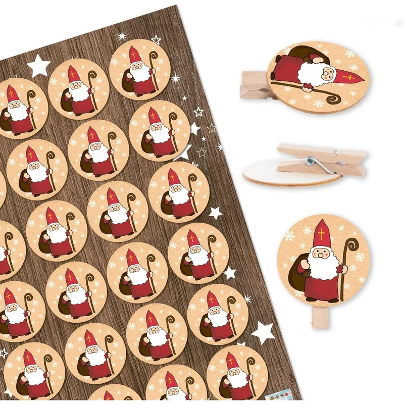 Logbuch-Verlag 24 Dekoklammern Heiliger Nikolaus Aufkleber - Holz Klammern Mini Wäscheklammern Nikolausgeschenk