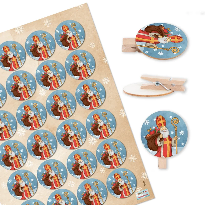 Logbuch-Verlag 24 Holz Klammern mit Sticker Heiliger Nikolaus - Geschenk Verzierung Nikolaussack Nikolausgeschenk