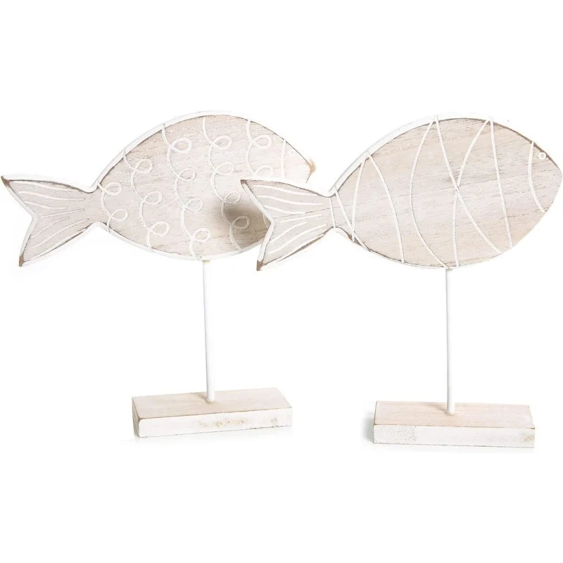 2 Holzfische Figuren stehend - Fische Natur weiß aus Holz