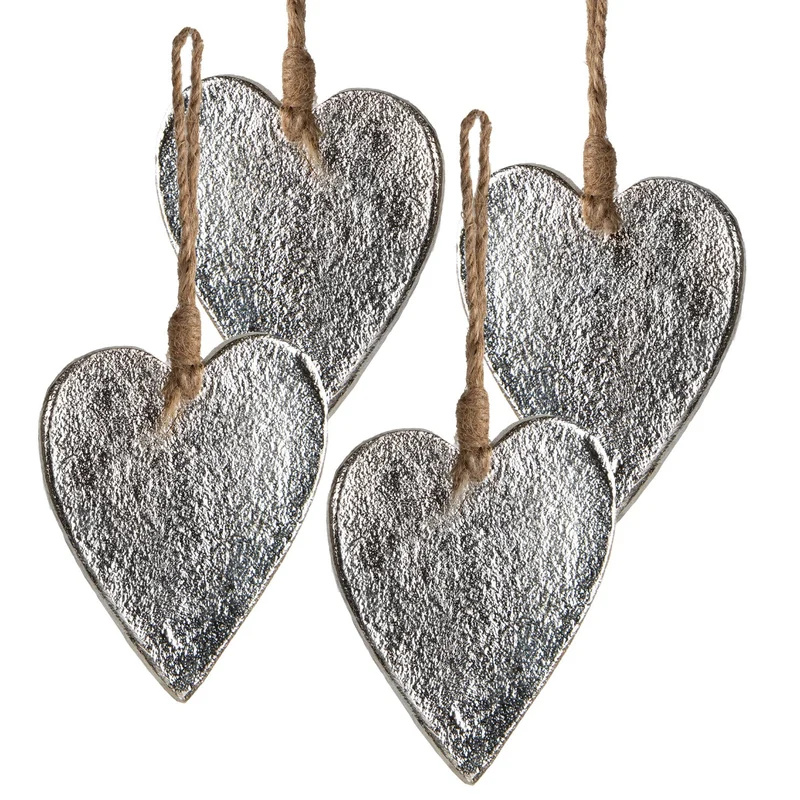 4 Herz Anhänger aus Metall Silber mit Kordel - 10 cm