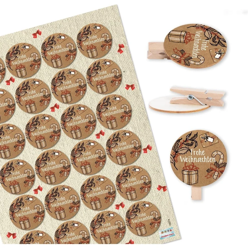 24 Weihnachtsklammern Holz mit Aufkleber - Frohe Weihnachten
