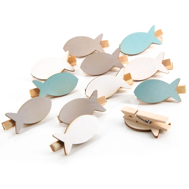 12 kleine Fische Klammern aus Holz blau weiß grau - maritime Tischdeko