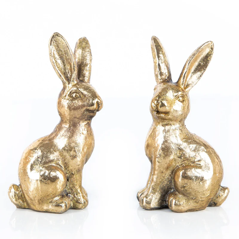 2 goldene Osterhasen aus Kunststein edle Dekoration 14 cm