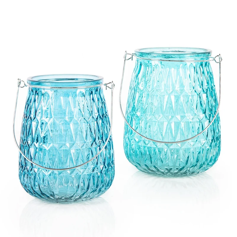 2 große Windlichter blau türkis aus Glas Kerzenhalter 15 cm