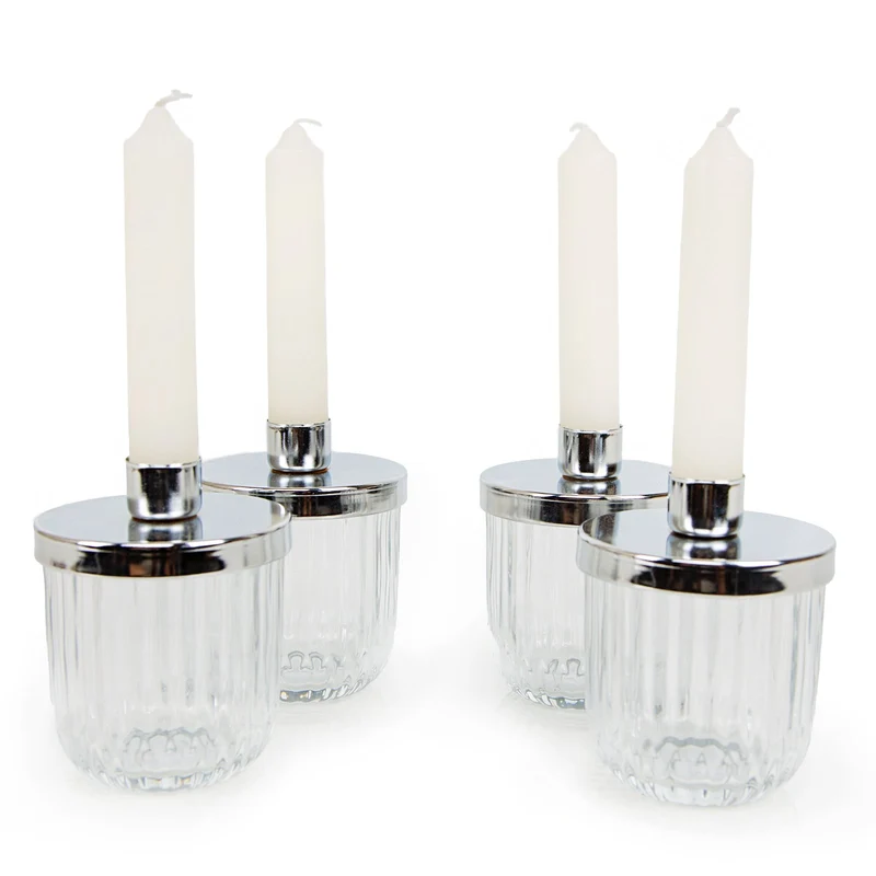 4 Stabkerzenhalter Deko Glas Hochzeit festlich Silber 10 cm