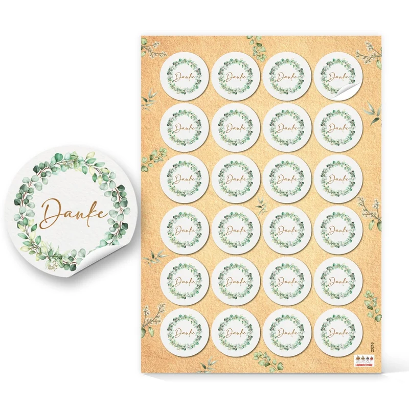 Danke Aufkleber Eukalyptus Sticker grün gold Ø 4 cm (1 Bogen = 24 Aufkleber)