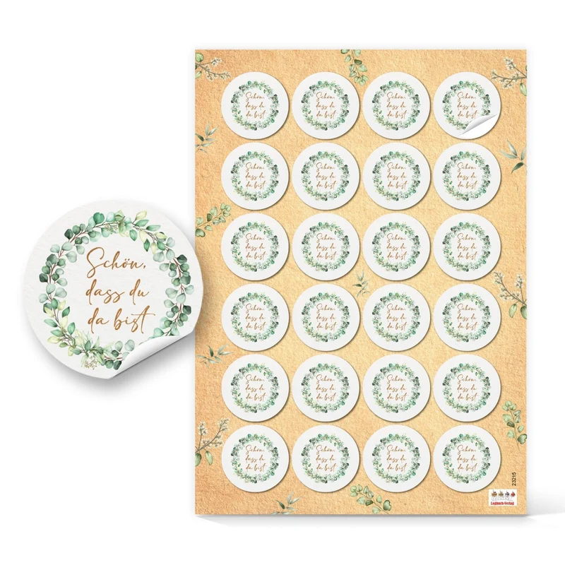 24 Schön, dass du da bist Sticker Eukalyptus Ø 4 cm grün gold