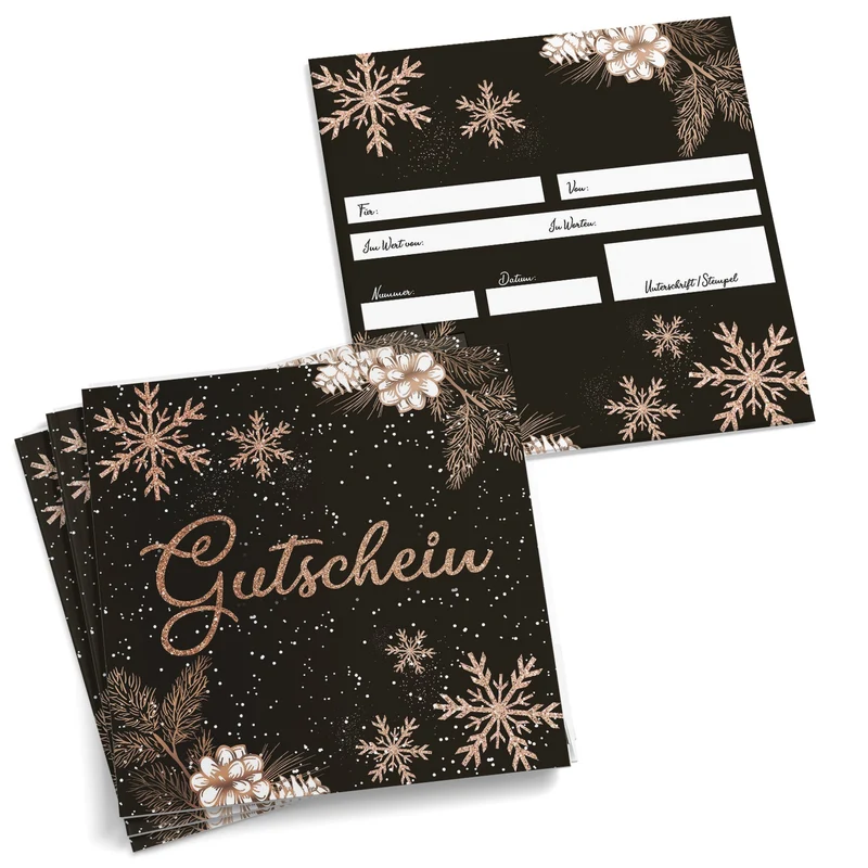 10 Gutscheine Weihnachten quadratisch schwarz gold 14,8 cm
