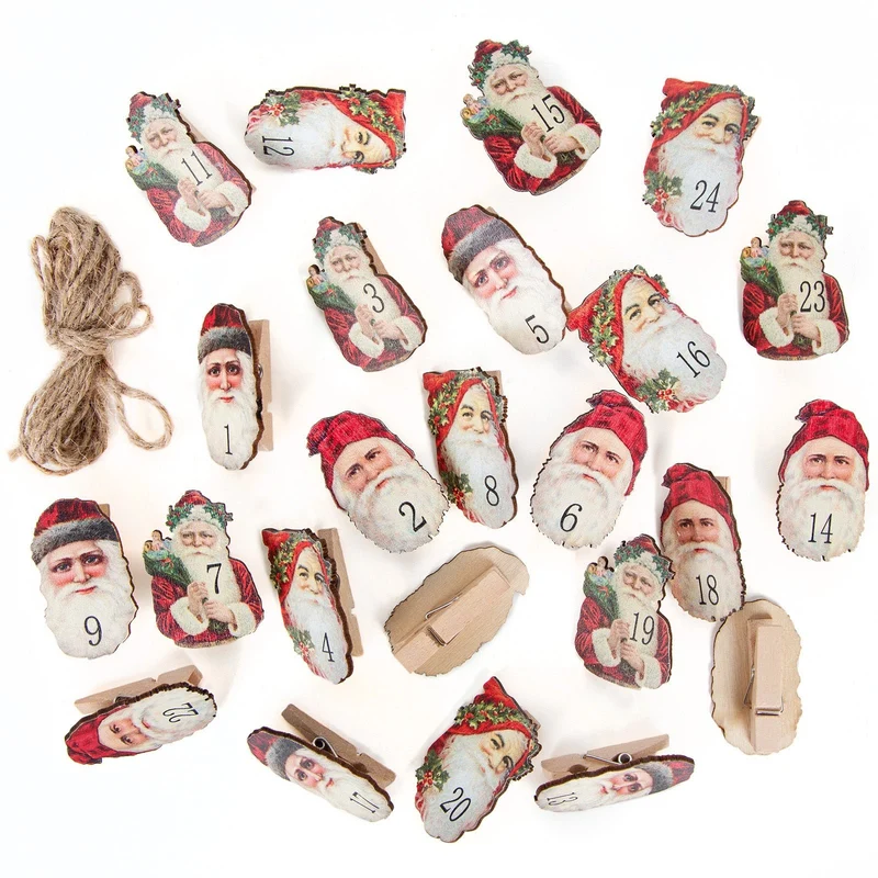 Adventskalender Zahlen 1-24 Klammern aus Holz Weihnachtsmann