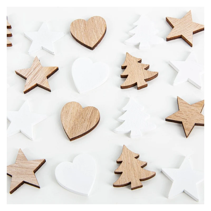 24 Weihnachten Tischdeko Holz Herz Baum Stern 3cm braun weiß