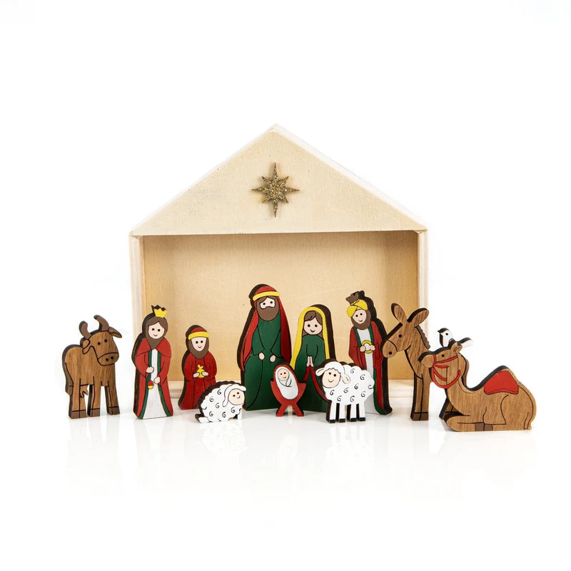 Weihnachtskrippe Heilige Familie im Stall 12-teilig aus Holz