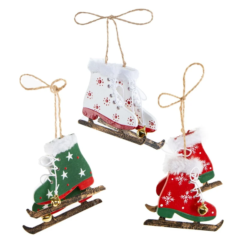 3 Schlittschuhpaare Holz rot weiß grün 6 Schlittschuhe 7 cm