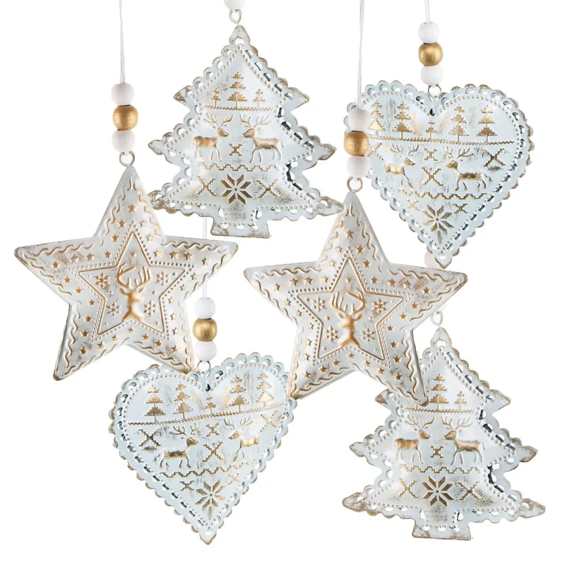 6 Weihnachtsanhänger Deko Set aus Metall weiß Gold 8,5 cm