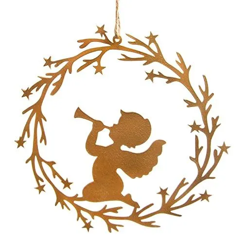 Großer Weihnachtsanhänger Kranz mit Engel 15 cm Metall Gold