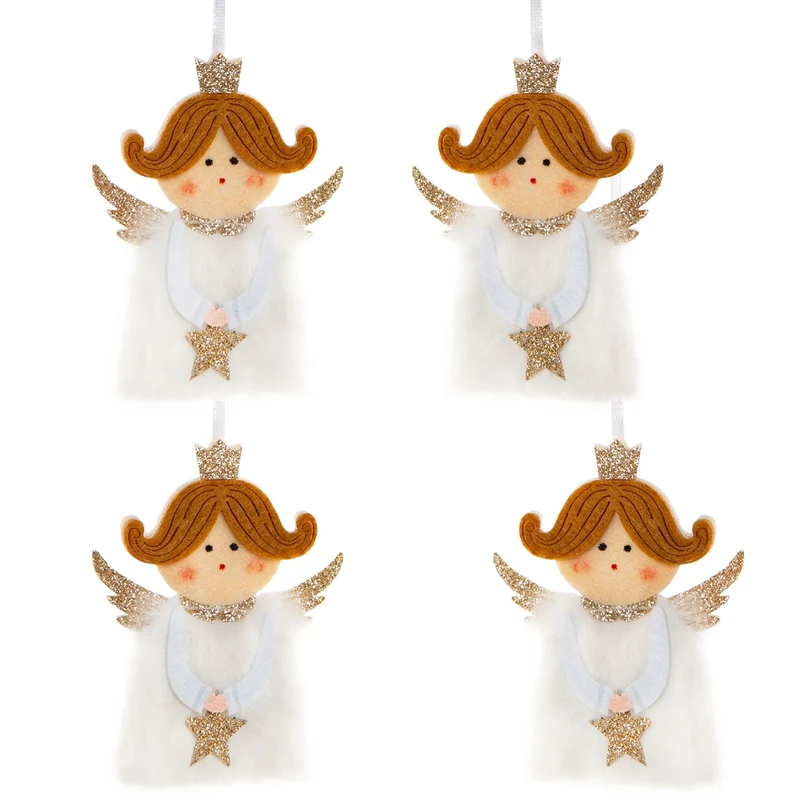 4 Engel Anhänger weiß Gold aus Filz - Prinzessin mit Glitzer 9,5 cm