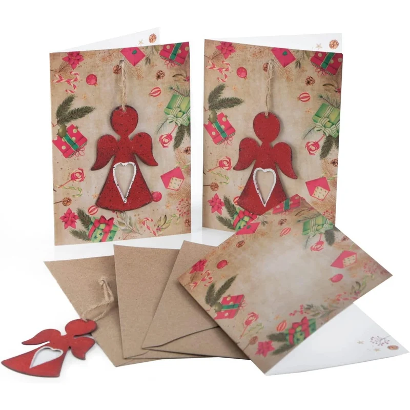 3 vintage Weihnachtskarten DIN A6 mit Kuvert + Engel Anhänger