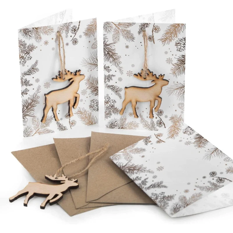 3 edle Weihnachtskarten mit Hirsch Weihnachtsanhänger + Umschlag