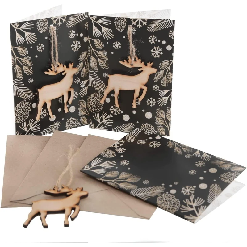 3 Weihnachten Karten mit Umschlag + Hirsch Holz Anhänger