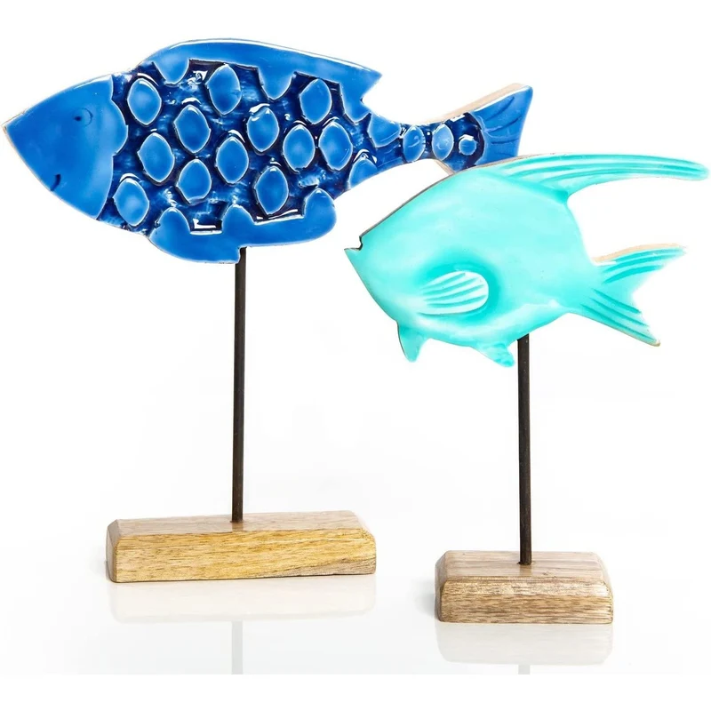 Fische Figuren Set - 2 Maritime Dekofiguren blau türkis aus Holz