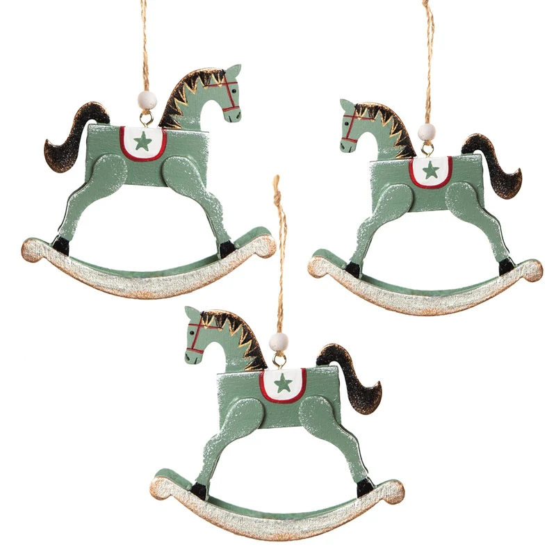 3 Weihnachten Schaukelpferd Anhänger - Weihnachtsdeko grün Vintage 9 cm