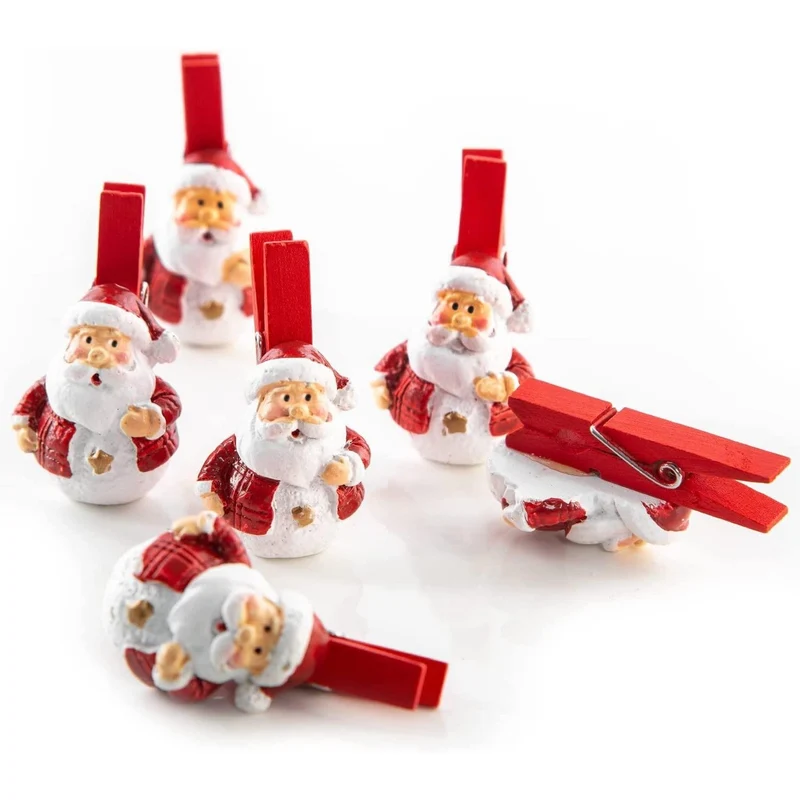 6 Weihnachtsmann Klammern - rot weiß 4,5 cm - Holzklammern