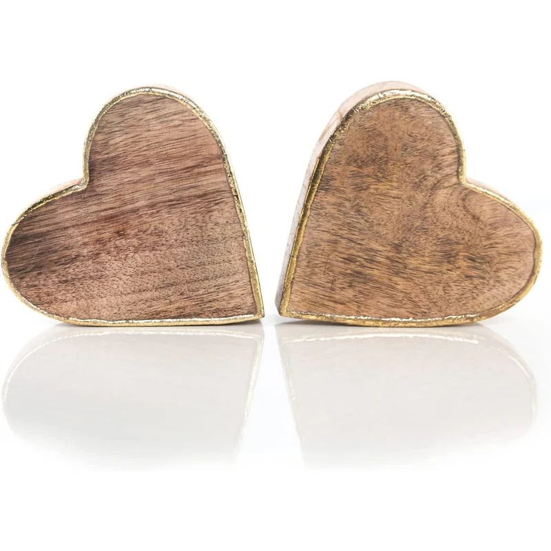 2 große massive Herzen - 15 cm braun gold aus Mangoholz