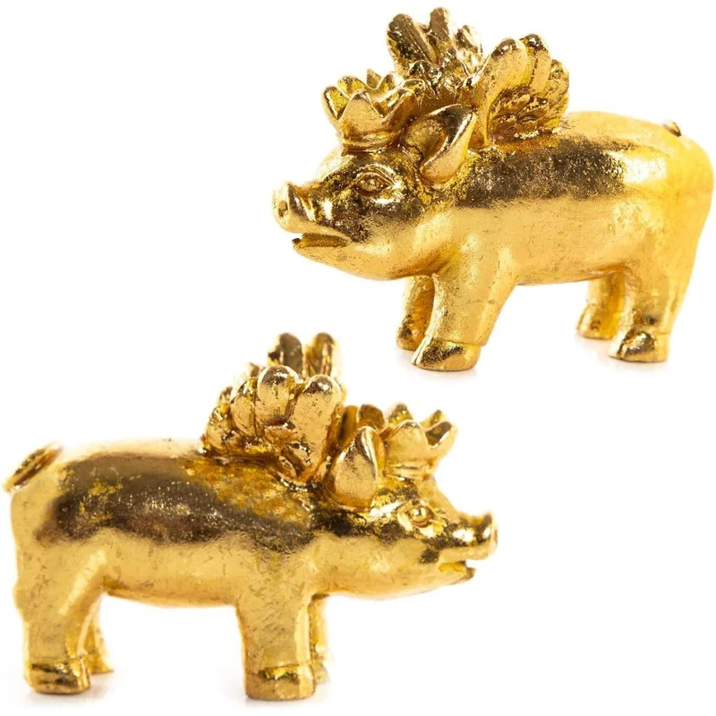 2 goldfarbene Glücksschweine mit Krone & Flügeln - 4 cm
