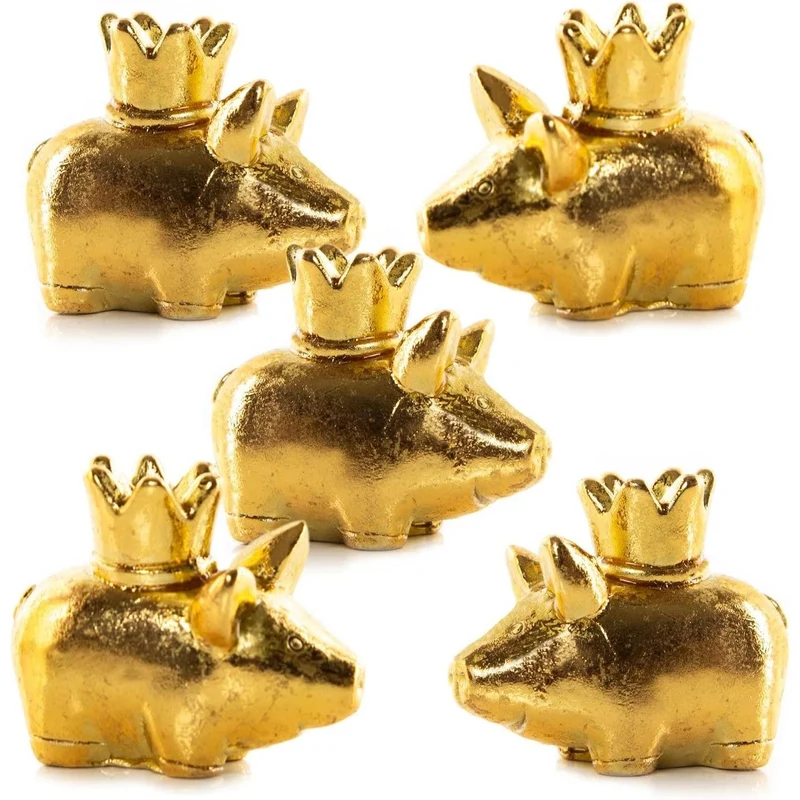 5 goldene Glücksschweinchen mit Krone Glücksbringer 4 cm