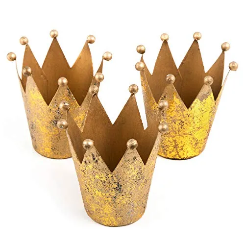 3 goldfarbene Kronen Teelichthalter aus Metall - 11,5 cm
