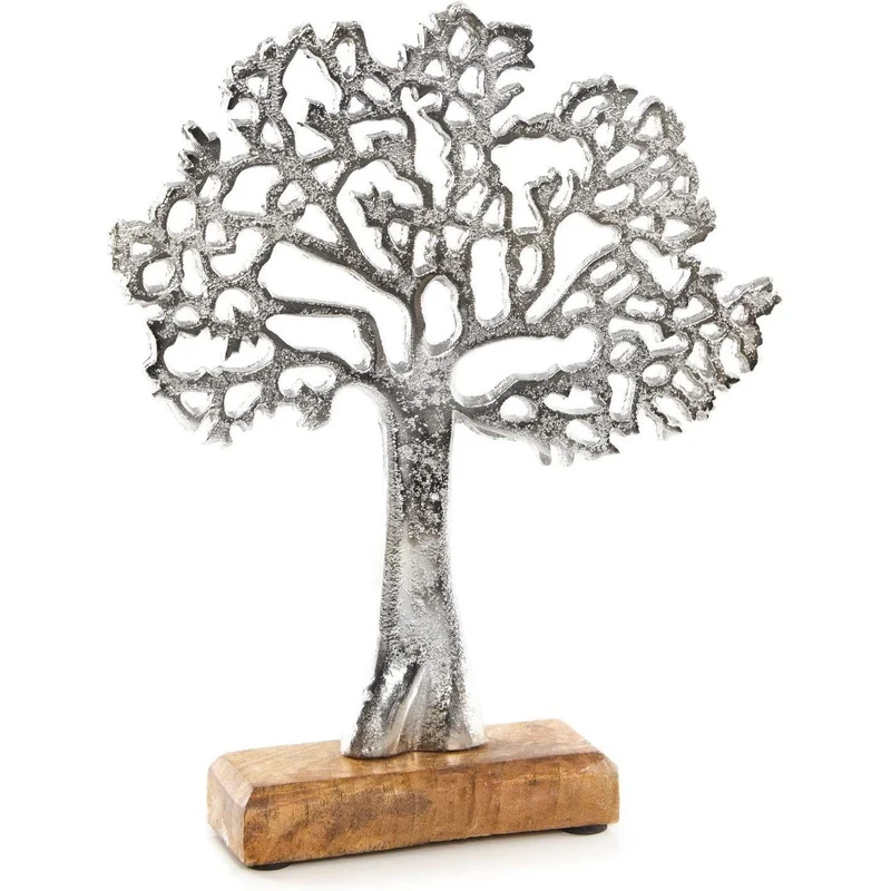 Lebensbaum Dekofigur Silber auf Holzsockel - Baum Figur aus Metall