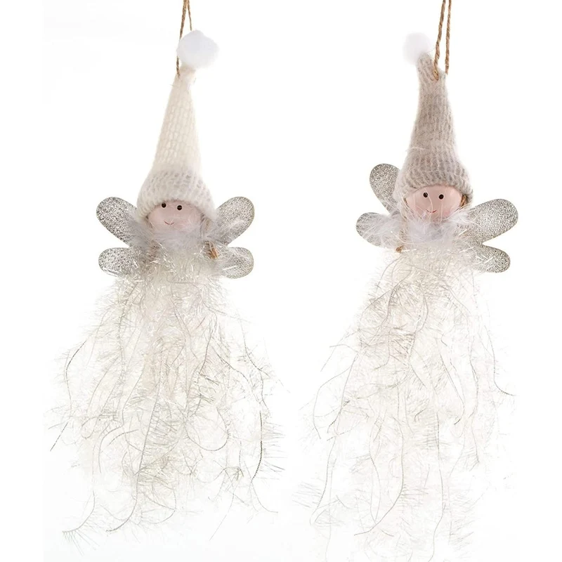 2 winterliche Elfen Anhänger mit Glitzer-Kleid weiß grau - Fee Engel als Winterdeko Weihnachten Geschenk 26 cm
