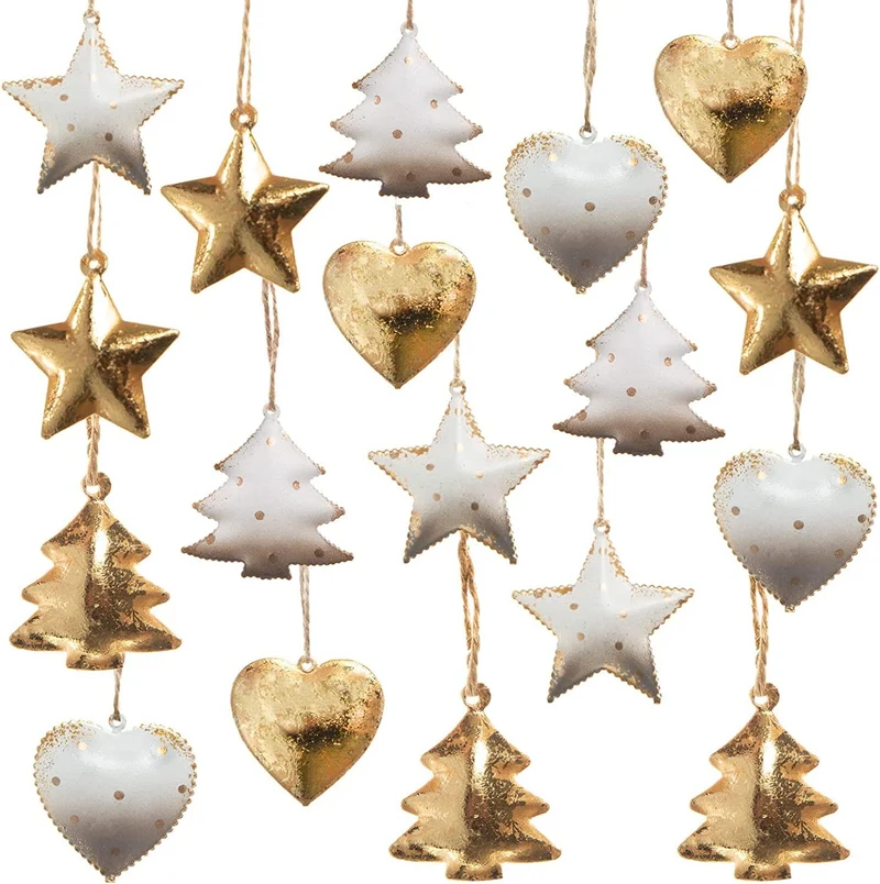 18 vintage Weihnachtsanhänger aus Metall - Herz Baum Stern gold weiß