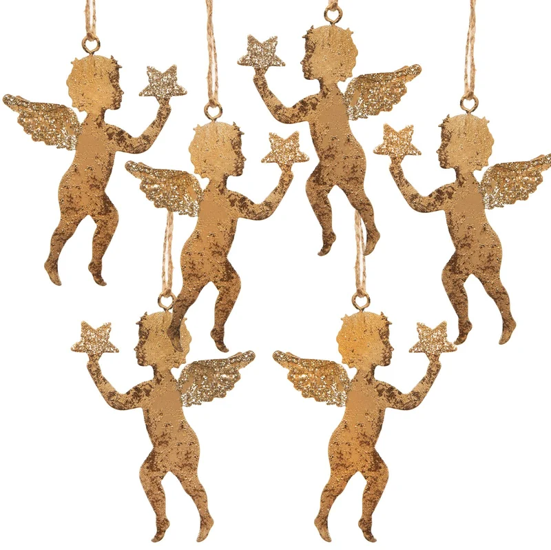 6 Engel Anhänger - Weihnachtsengel aus Metall gold glitzernd