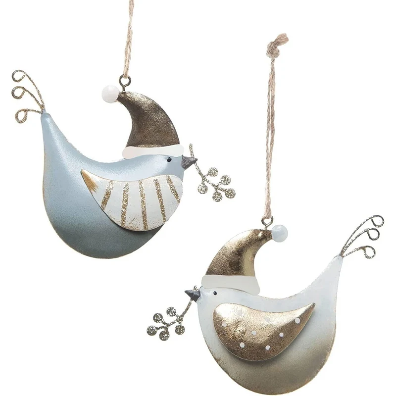 Weihnachtsanhänger Set 2 Vögel - gold blau Vintage aus Metall
