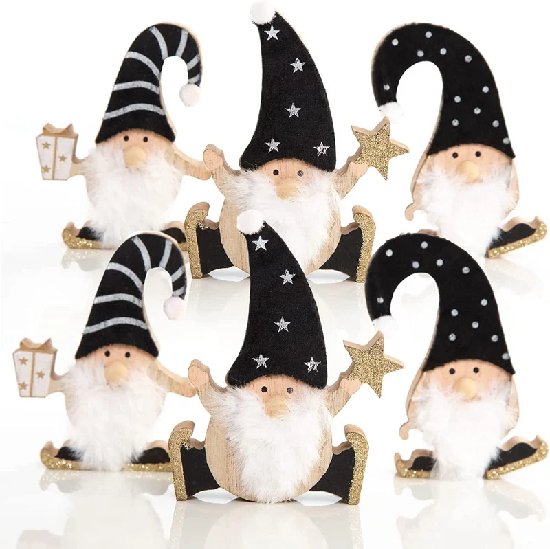 6 kleine Weihnachtswichtel aus Holz - schwarz weiß gold