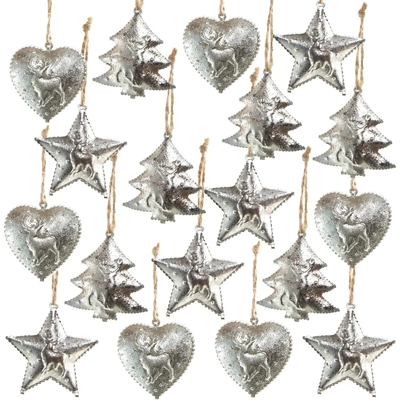 Weihnachtlicher Baumschmuck- 18 Metall Anhänger silber Herz + Stern + Baum