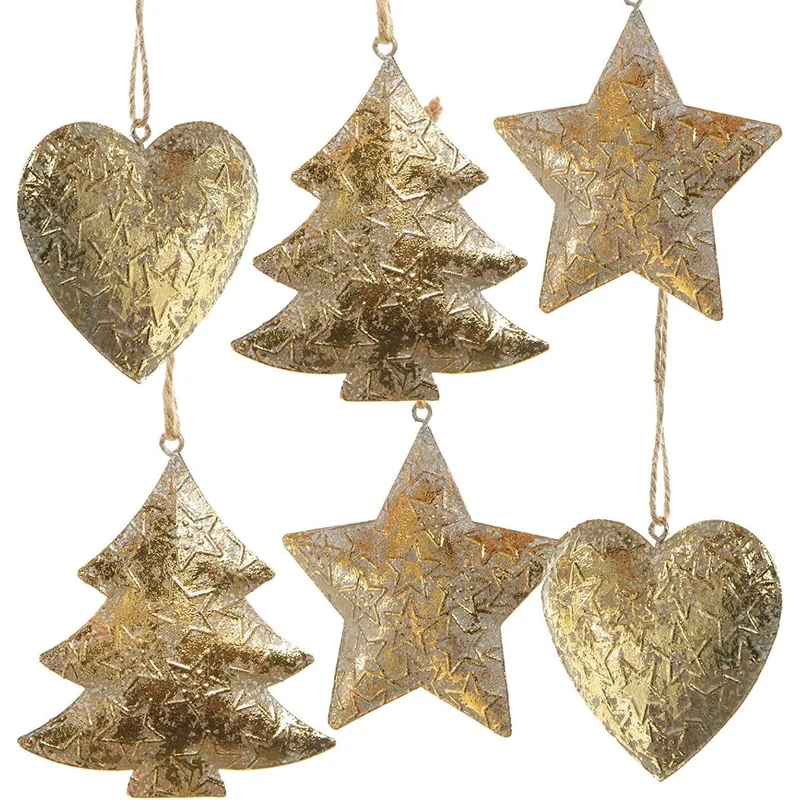 6 große Weihnachten Metallanhänger - Vintage Baumschmuck antik-Gold