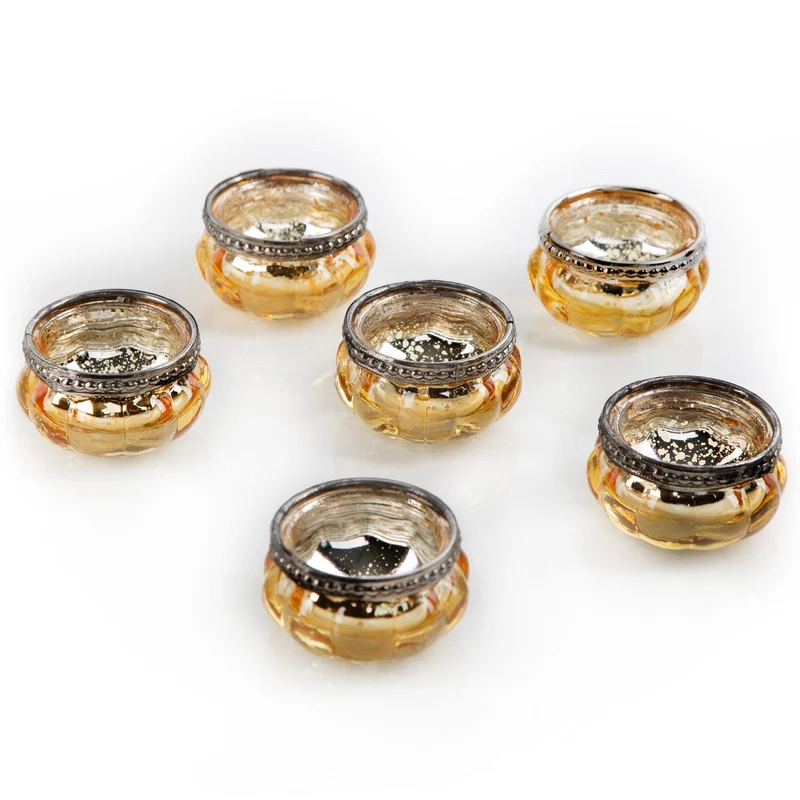 6 vintage Teelichtgläser gold antik - 6 x 3,5 cm aus Glas und Metall