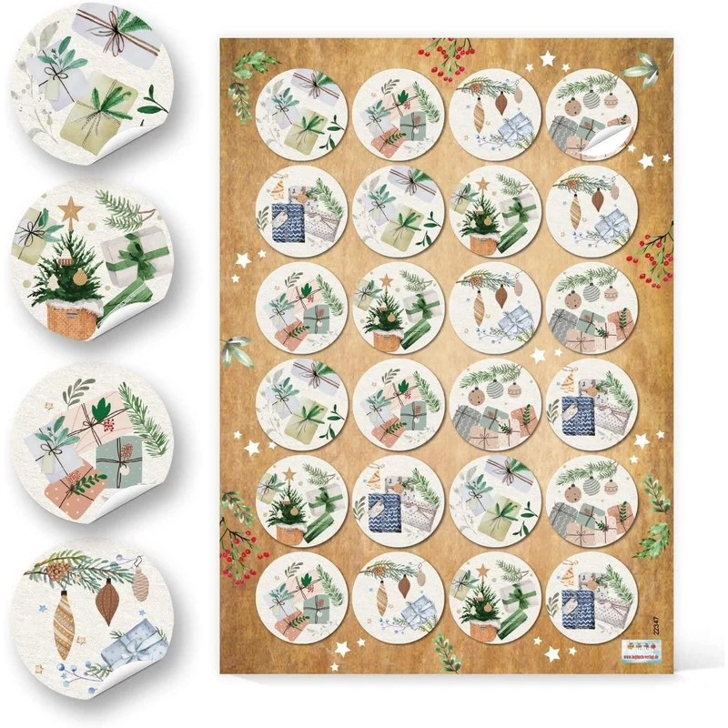 Logbuch-Verlag 24 Weihnachtsaufkleber Geschenke pastellfarben hygge natur - Weihnachten Sticker Aufkleber rund selbstklebend Ø 4 cm