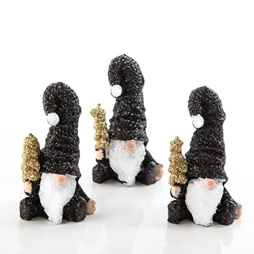 3 kleine Wichtel Figuren - schwarz weiß gold glitzernd 8 cm