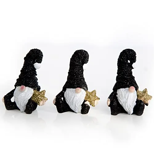 3 Wichtel Weihnachtsfiguren - kleines Geschenk schwarz weiß Gold 8 cm