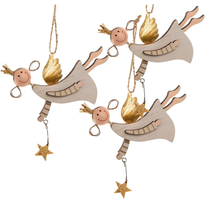 3 Engel Anhänger mit Krone & Stern - Holzengel Hellbraun Gold 14 cm