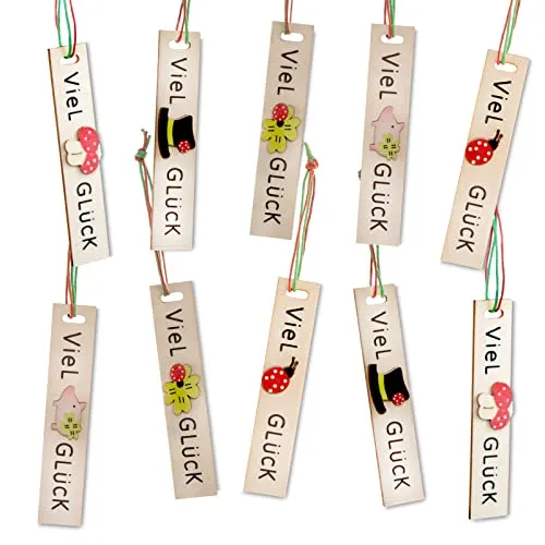 10 Viel Glück Holz Anhänger - Holzschild Text mit Glückssymbolen