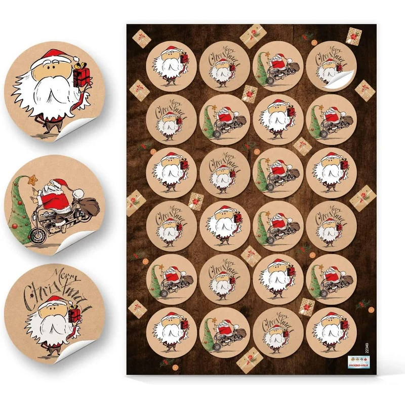 Logbuch-Verlag 24 lustige Weihnachtsmann Aufkleber Merry Christmas Weihnachtssticker braun rot weiß Ø 4 cm