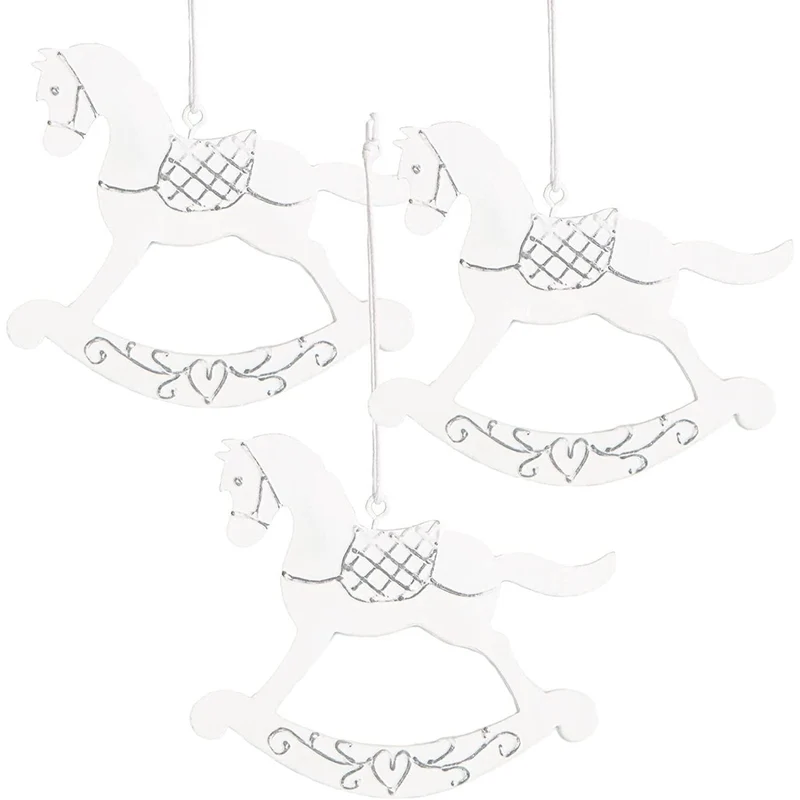 3 Schaukelpferd Baumanhänger weiß grau - Metall Pferd Baumschmuck 11 cm