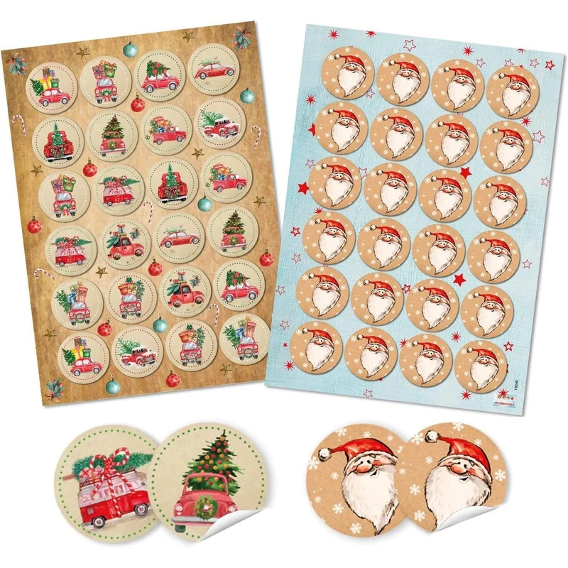 2 x 24 Weihnachtssticker beige rot Weihnachtsmann + Weihnachtstruck